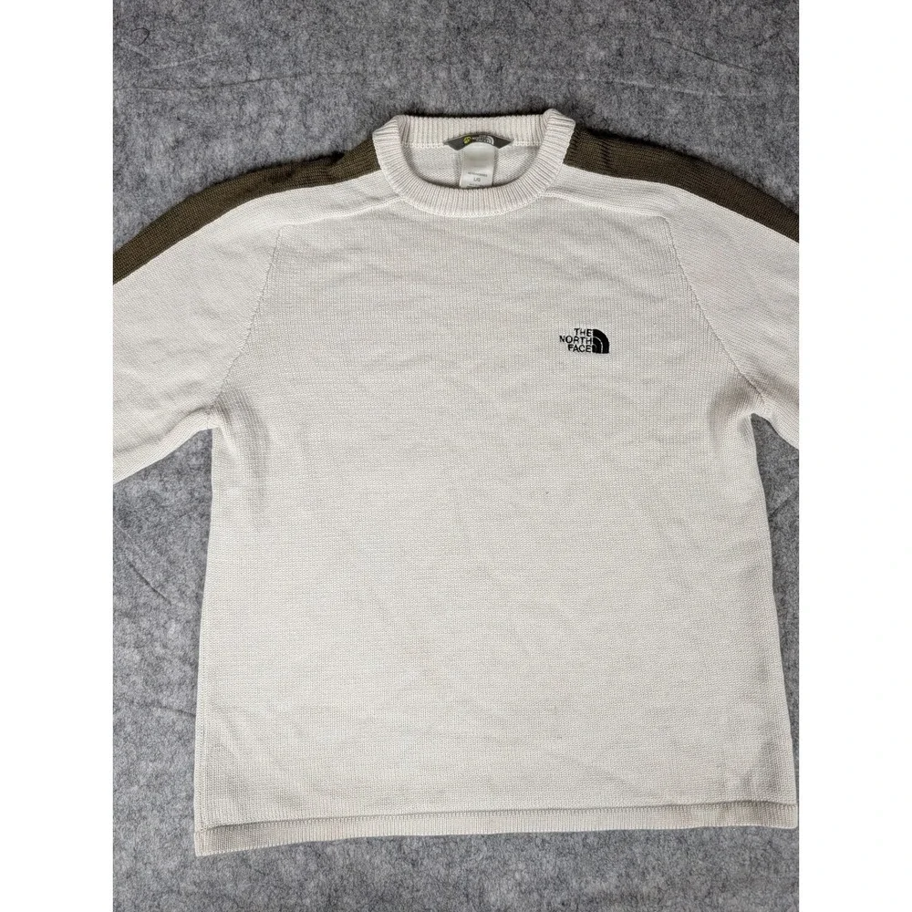 The North Face Mens Knit A5 Sweater White Olive Green Stripes Logo L -stain/snag